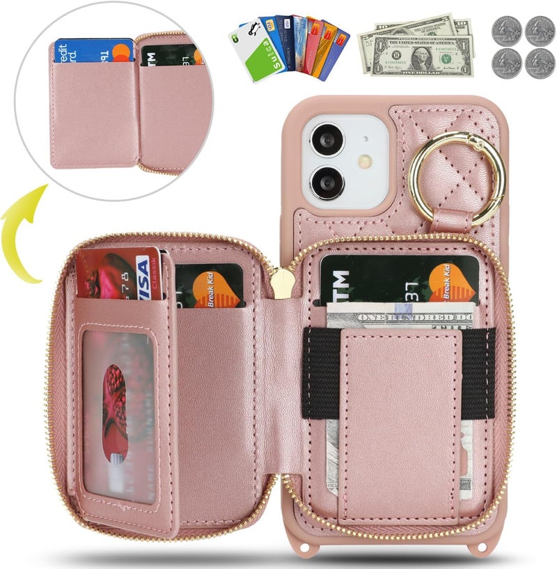 Hamany Crossbody Wallet Case for iPhone 12, PU Leather Zipper Handbag Purse Flip Cover, Kickstand Folio Case with Card Slots Holder Wrist Strap Lanyard 5G 6.1 Inch-Rose Gold - Image 2